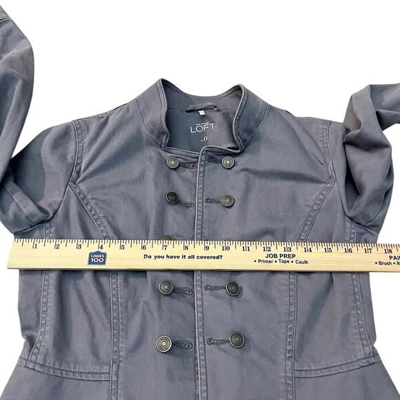 Ann Taylor Loft Military Style Denim Jacket 0 Gray Double Breasted Button Ruffle - Picture 7 of 8